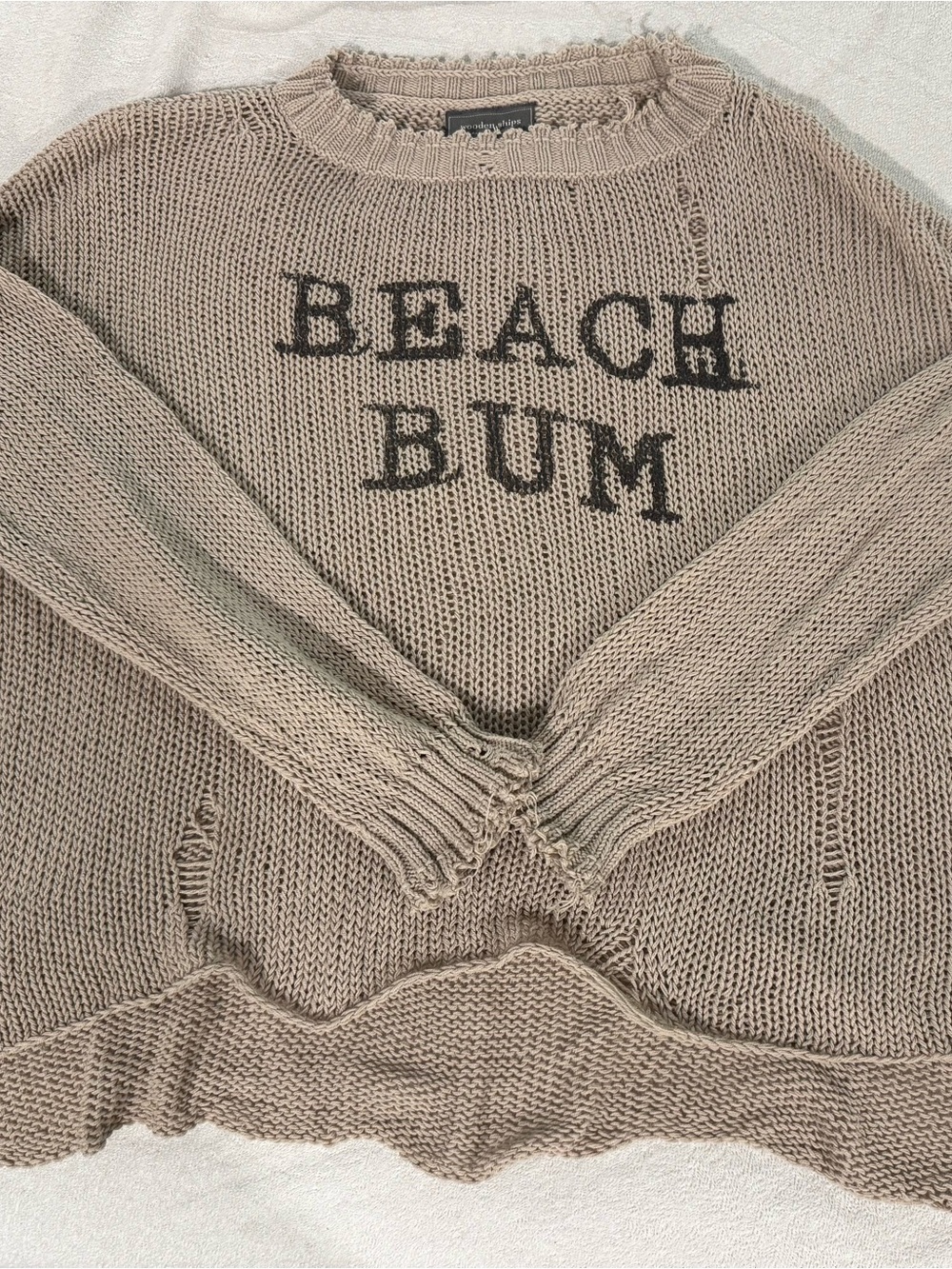 Wooden Ships Beige Crewneck Sweater BEACH BUM written on front distressed $148